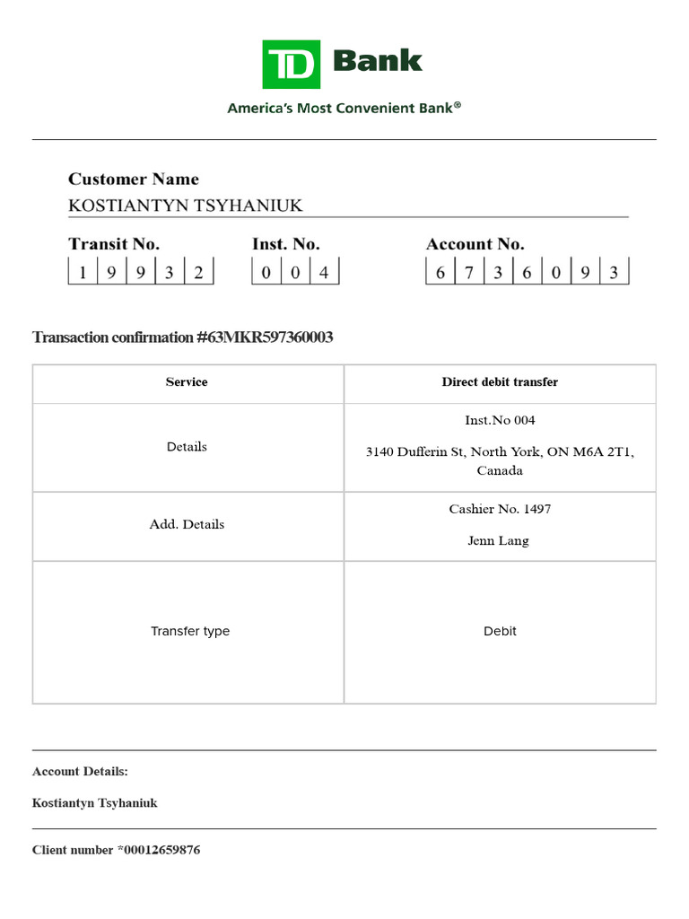 Direct Debit Transfer Confirmation | PDF