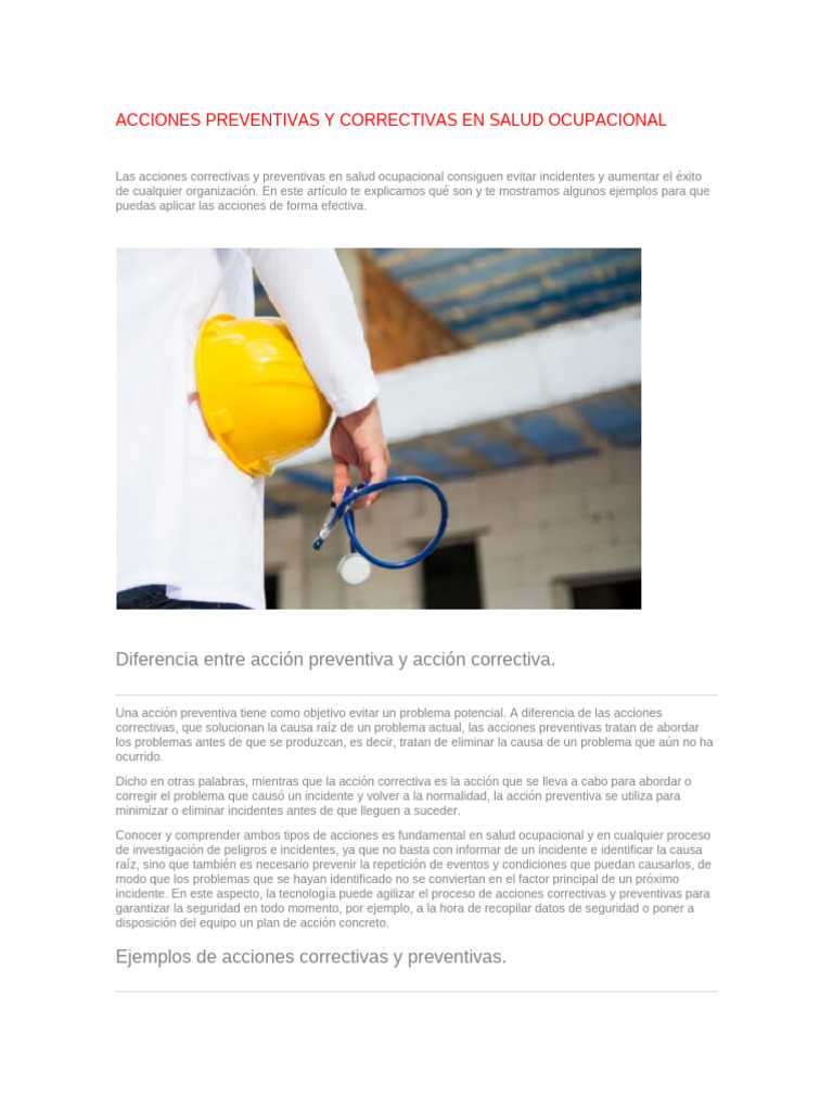 Acciones Preventivas Y Correctivas En Salud Ocupacional Pdf 