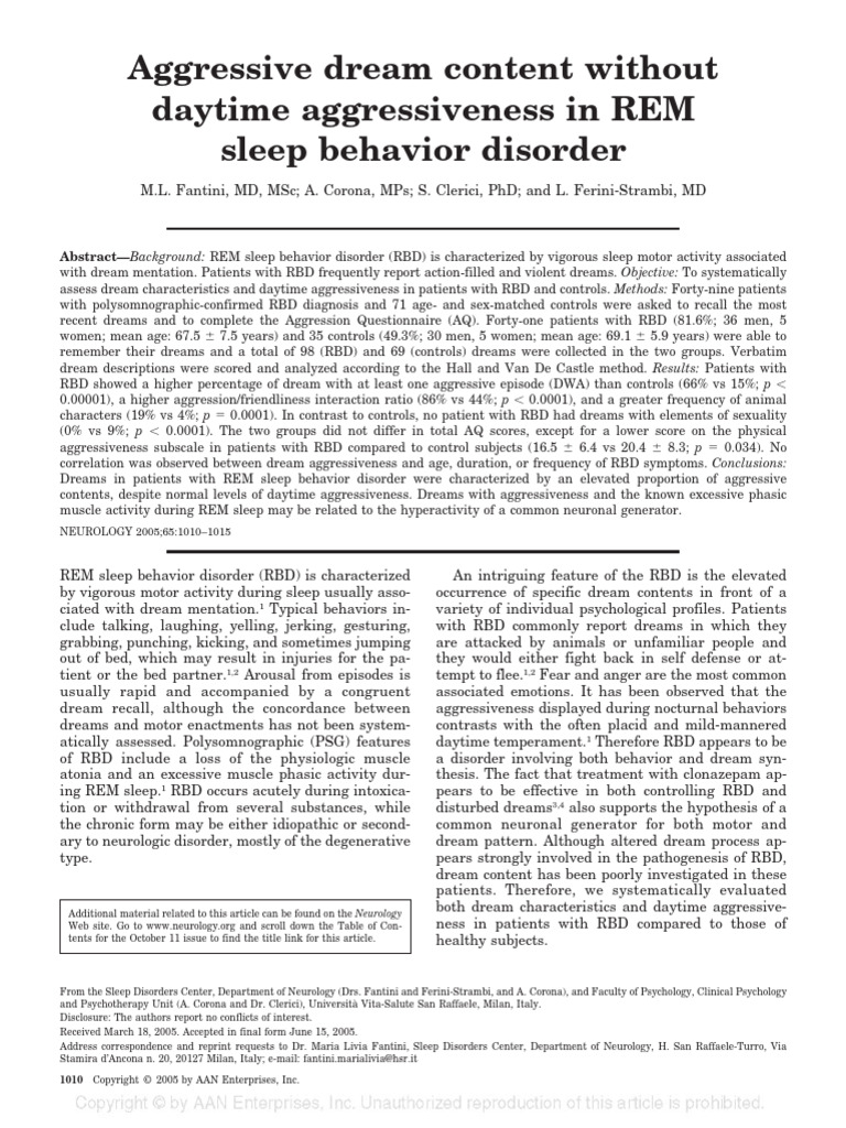 Aggressive Dream Content Without Daytime Aggressiveness in REM Sleep ...