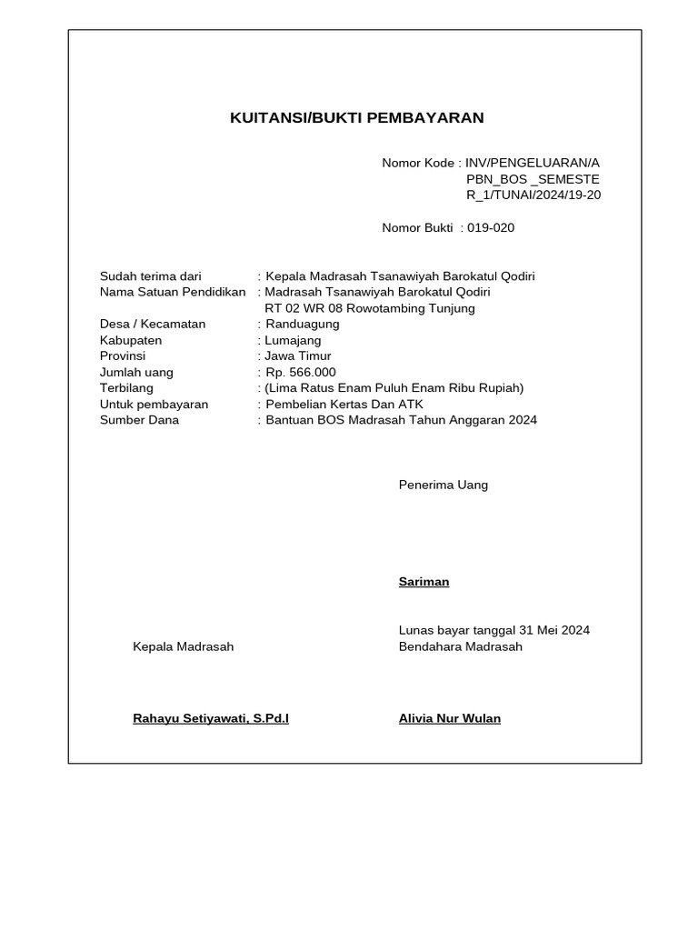 Hanya Contoh Kuitansi Pembayaran Direalisasi | PDF