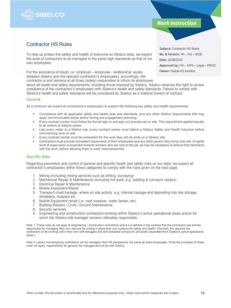 Contractor HS Rules | PDF | Employment | Safety