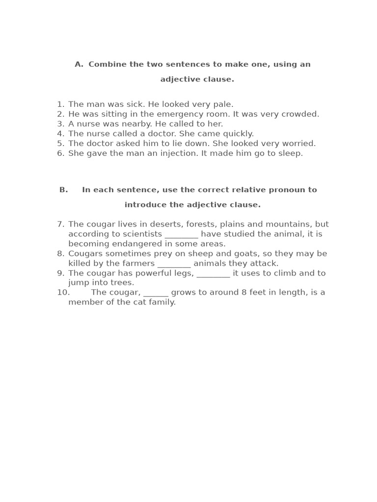 Combining Sentences with Adjective Clauses | PDF