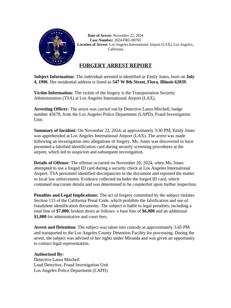Forgery Arrest at LAX: Emily Jones Case | PDF