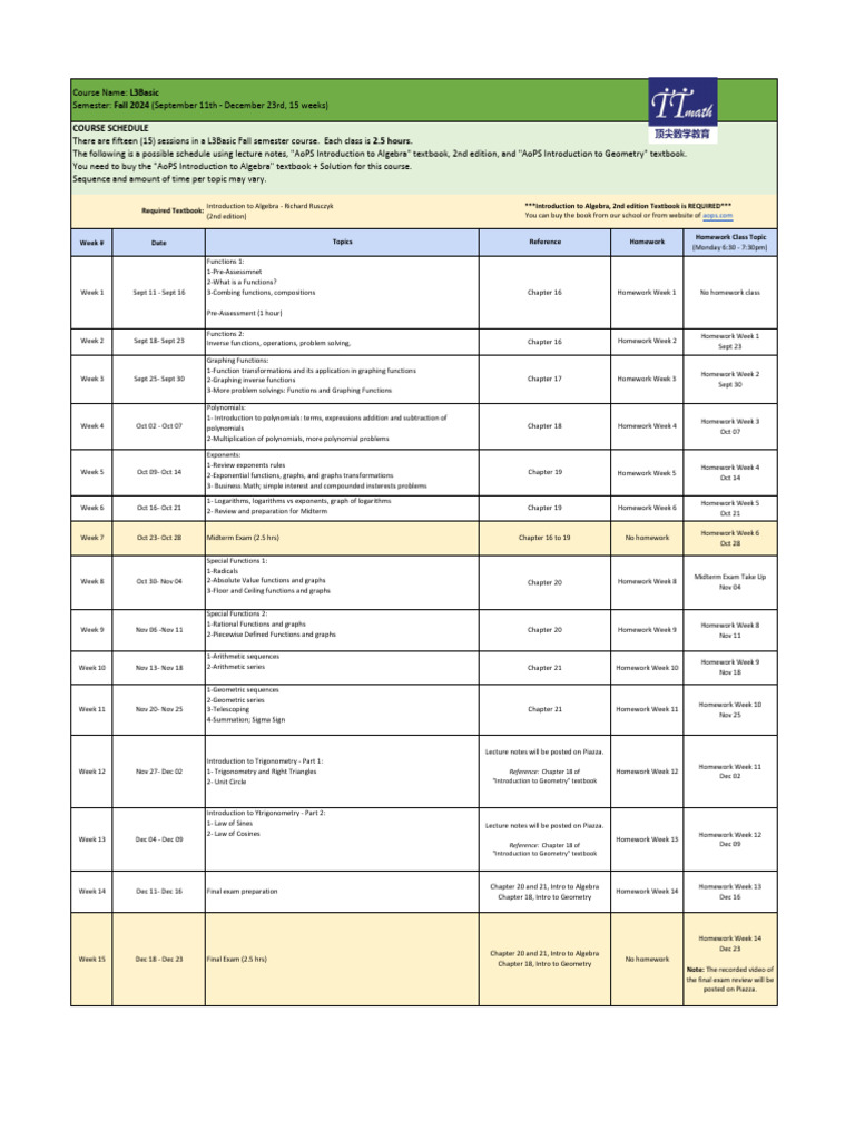 L3Basic Fall 2024 Algebra Course Schedule | PDF | Trigonometry ...