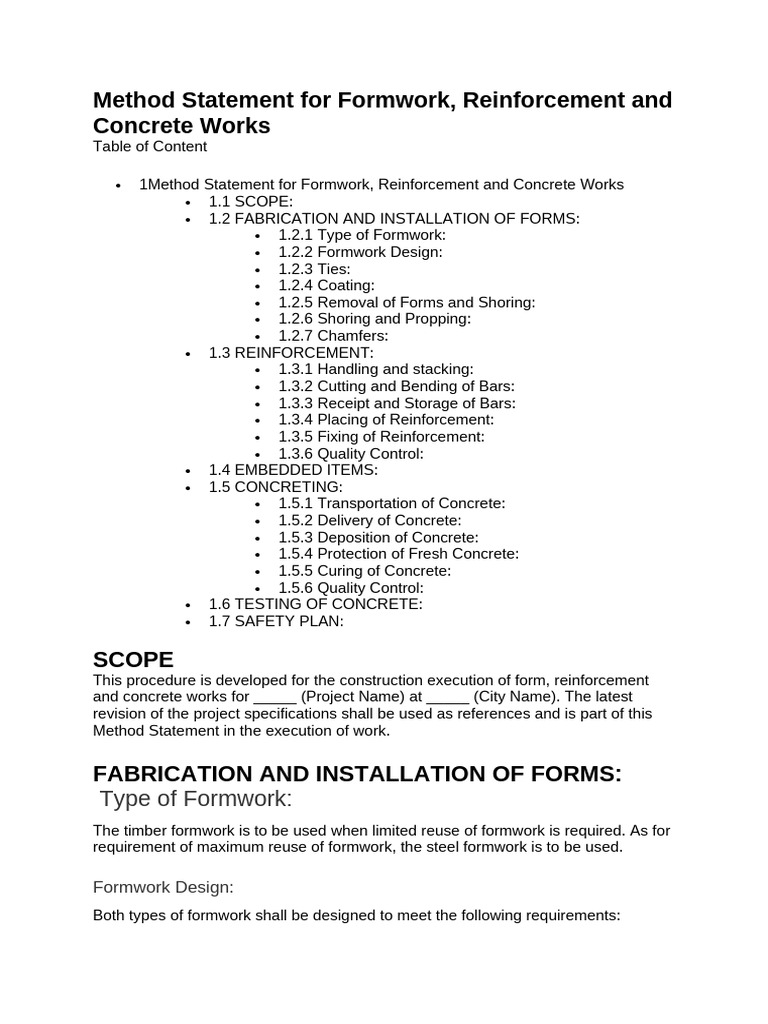 Method Statement For Formwork | PDF | Concrete | Materials