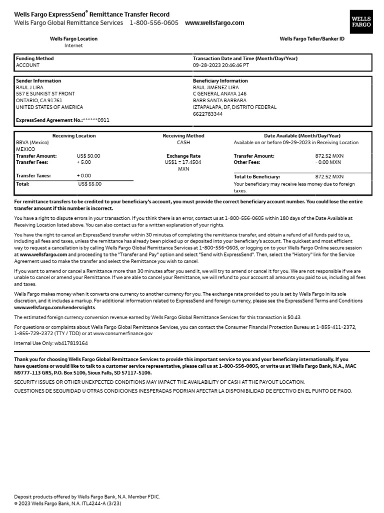 Wells Fargo ExpressSend Transfer Record | PDF | Wells Fargo | Service ...