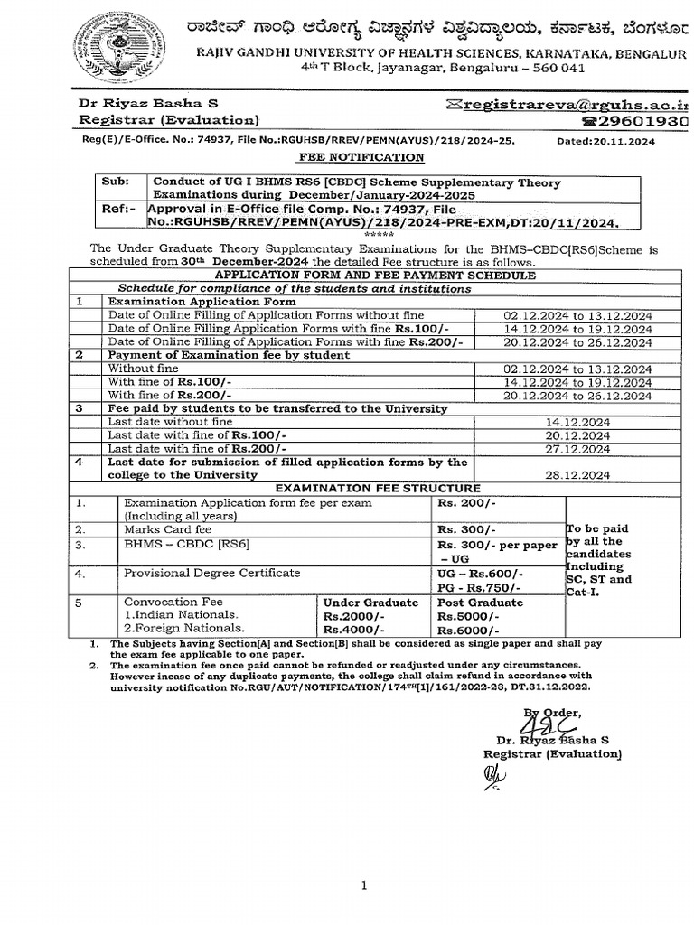 Fees notification and time table for ug i bhms rs6 cbdc supplementary