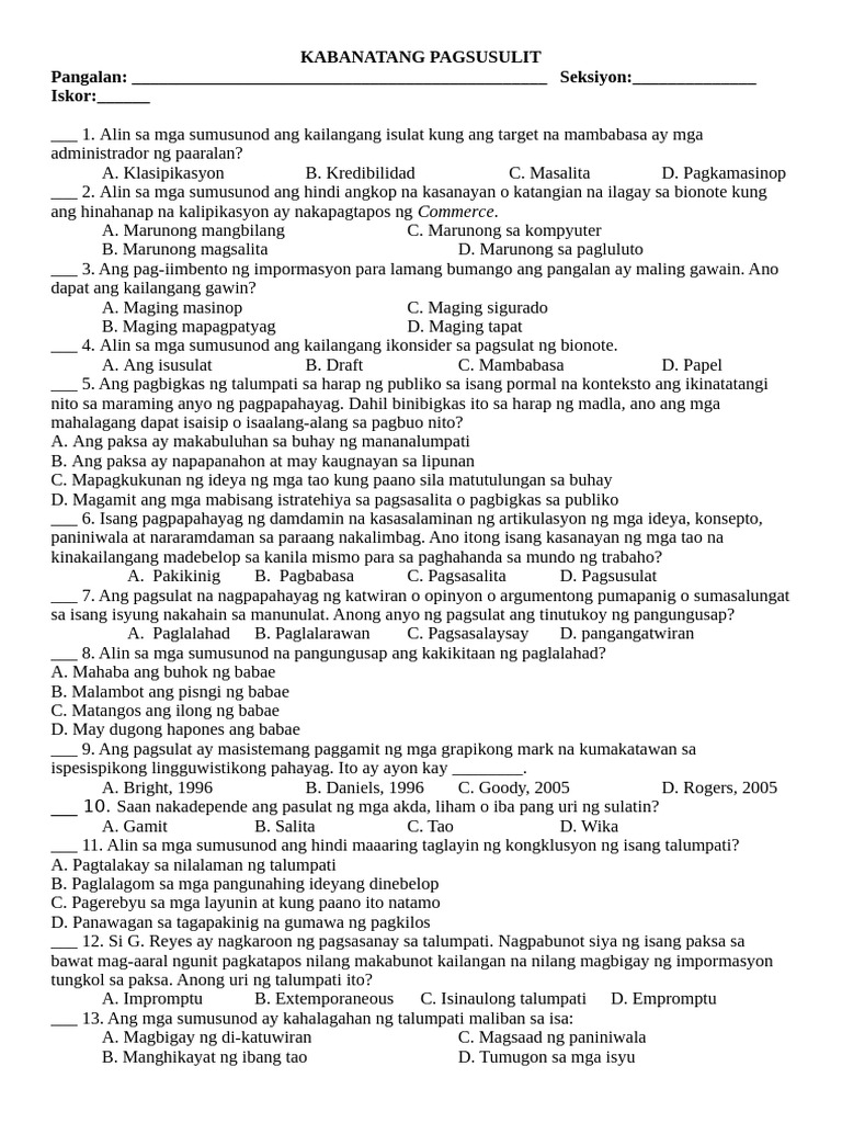 KABANATANG PAGSUSULIT (1st Quarter) | PDF