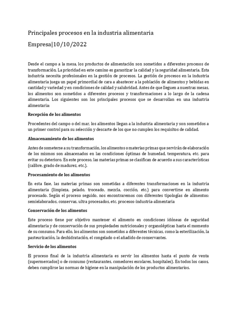 Procesos Clave en la Industria Alimentaria | PDF | Industria de ...