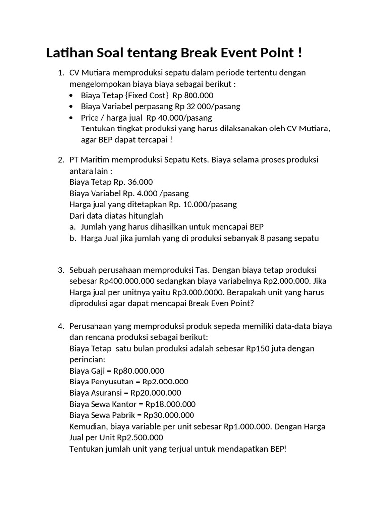 Latihan Soal Break Even Point Produksi | PDF