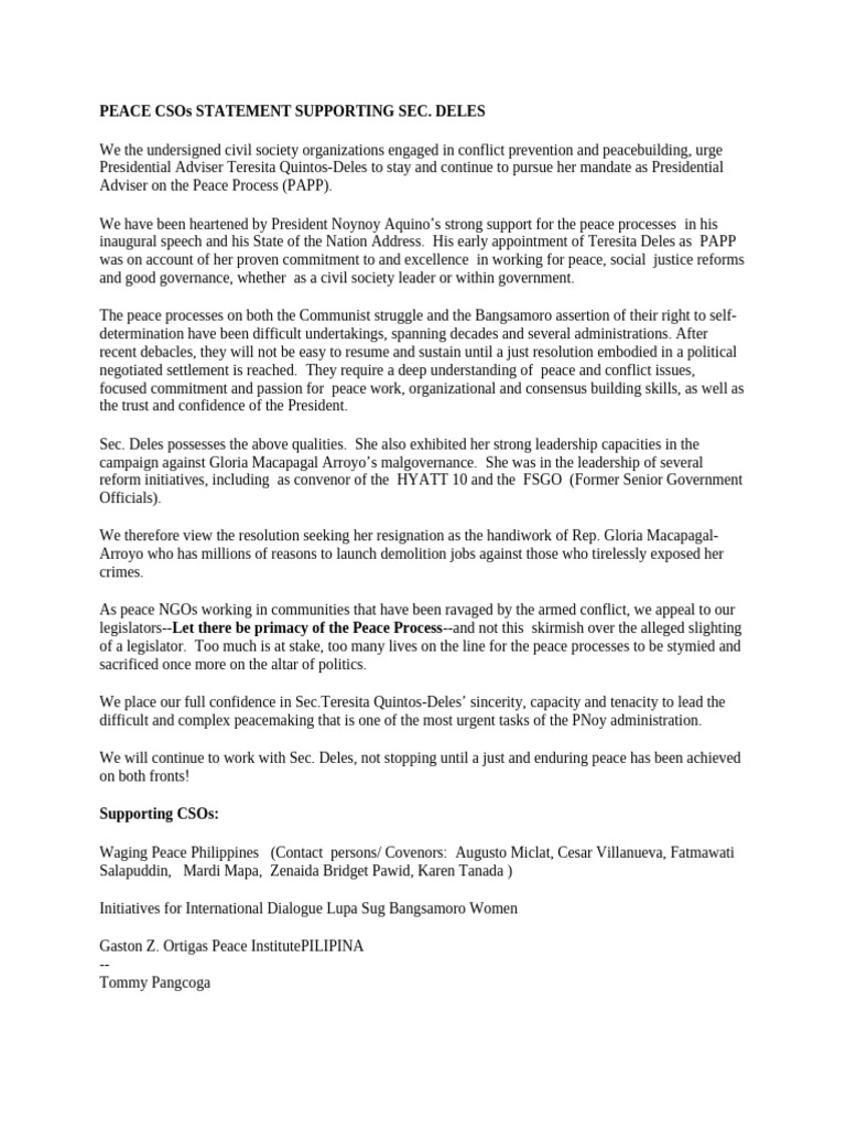 Support for Sec. Teresita Deles' Peace Role | PDF | Benigno Aquino Iii