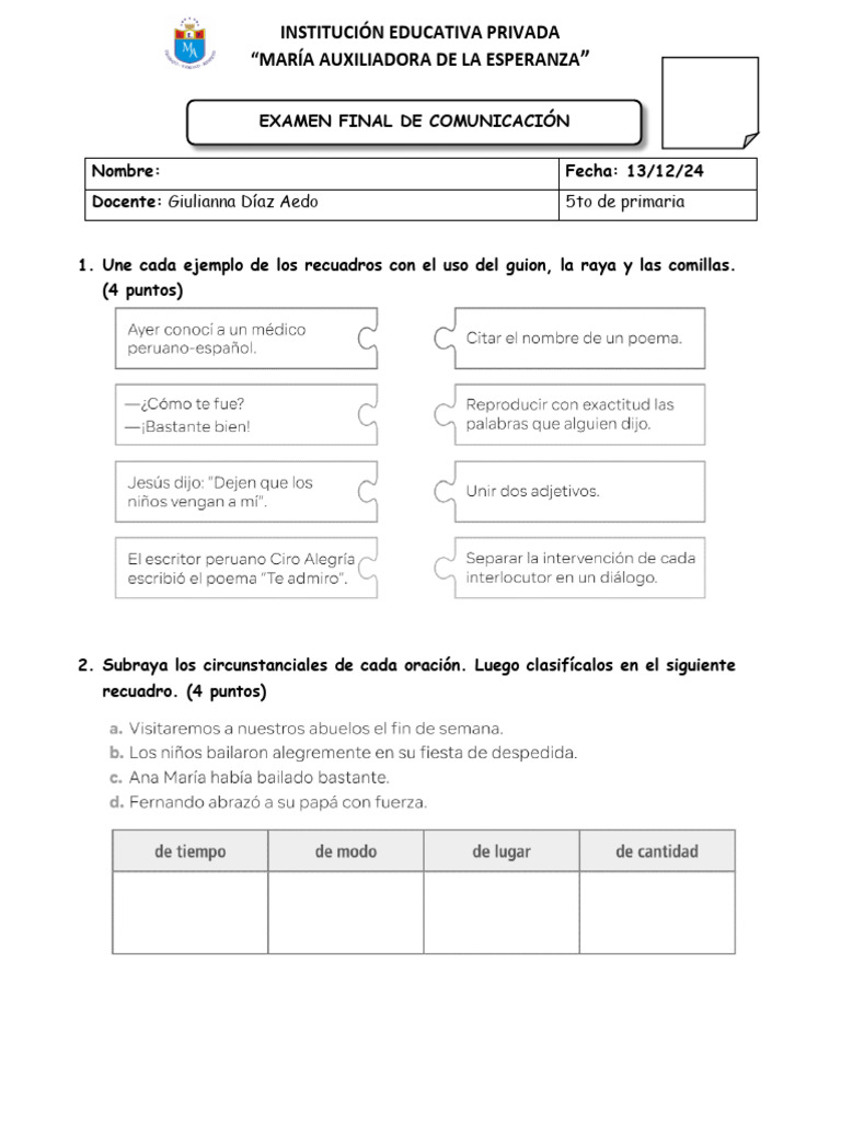Examen de Comunicación 5to Primaria | PDF | Sufragista