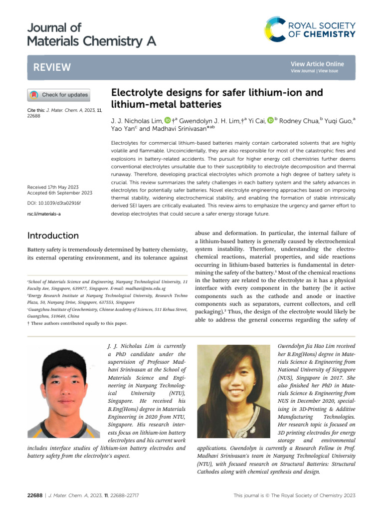 Safer Electrolytes for Lithium Batteries | PDF | Lithium Ion Battery ...