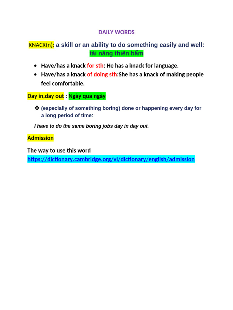 Daily Vocabulary: Knack and Admission | PDF
