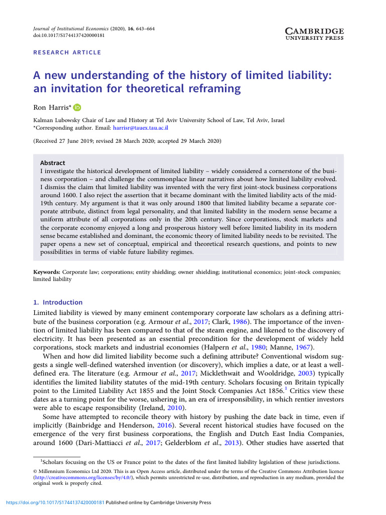 Rethinking Limited Liability History | PDF | Corporations | Joint Stock ...