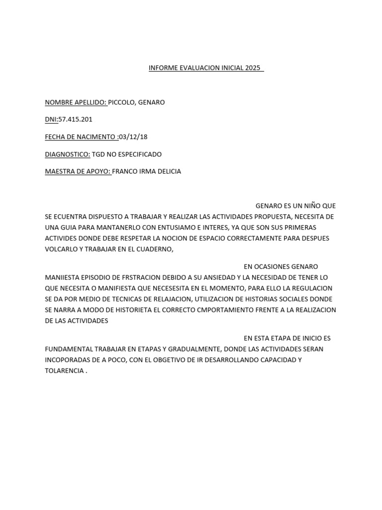 Informe Evaluación Inicial Genaro 2025 | PDF