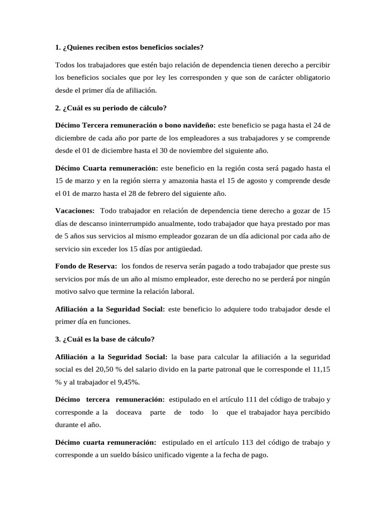 Beneficios Sociales para Trabajadores | PDF