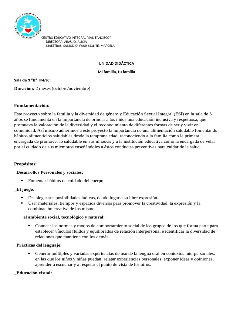 Unidad Didáctica: Mi Familia 3 años | PDF