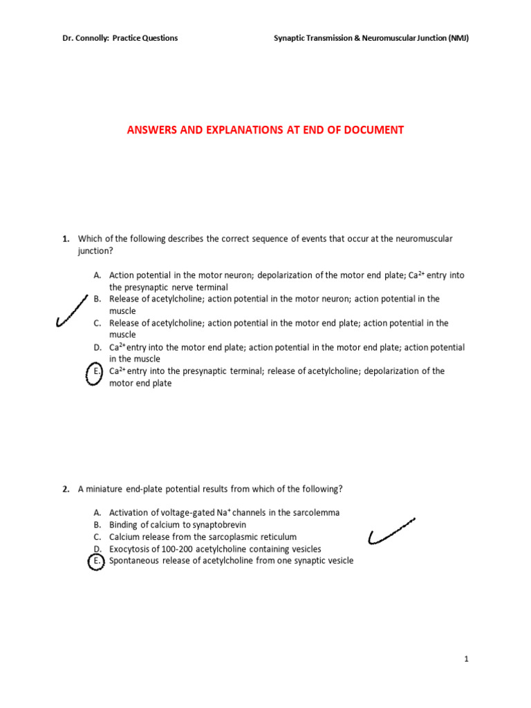 NMJ Practice Questions and Answers | PDF | Neuromuscular Junction ...
