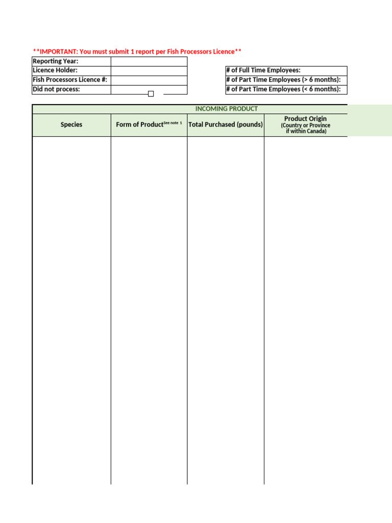 Fish Processing Reporting Template | PDF | Fish | Fishing Industry