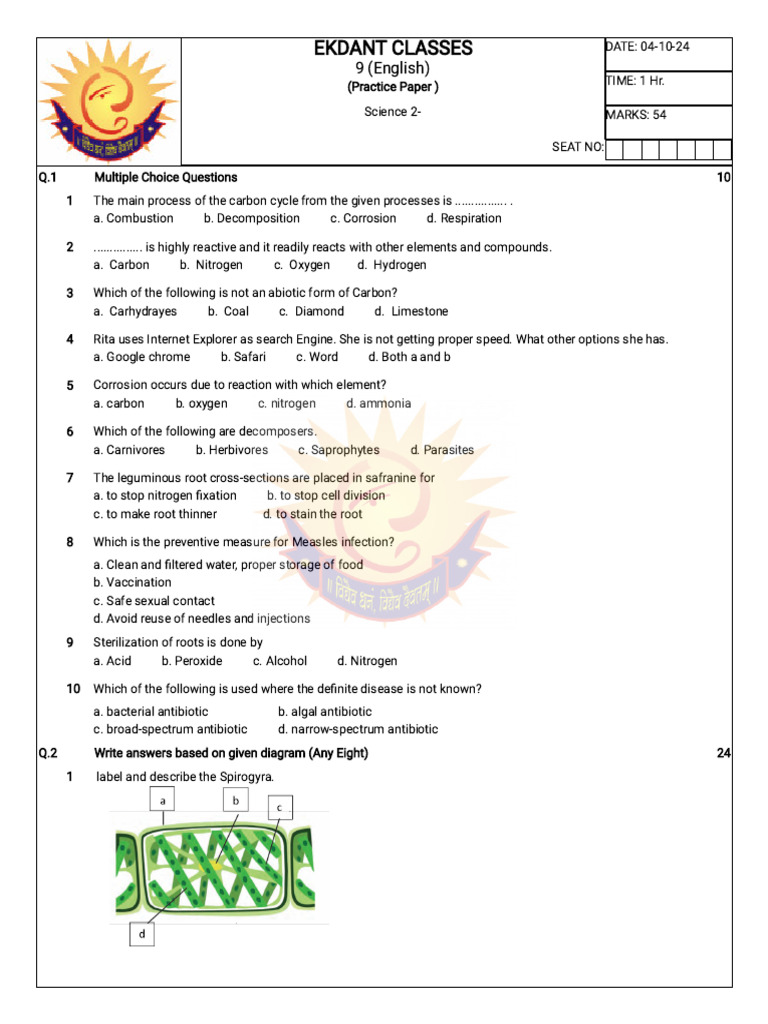 Practice Paper 9th Science 2 | PDF | Nitrogen | Carbon
