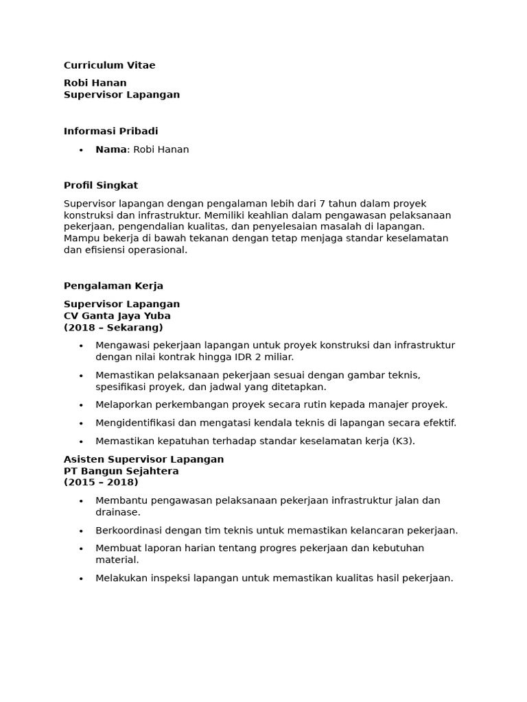 Supervisor Lapangan Berpengalaman Konstruksi | PDF
