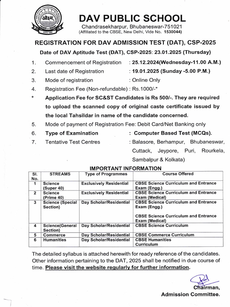 DAV Chandrasekharpur DAT Registration 2025 | PDF | Schools | Vocational ...