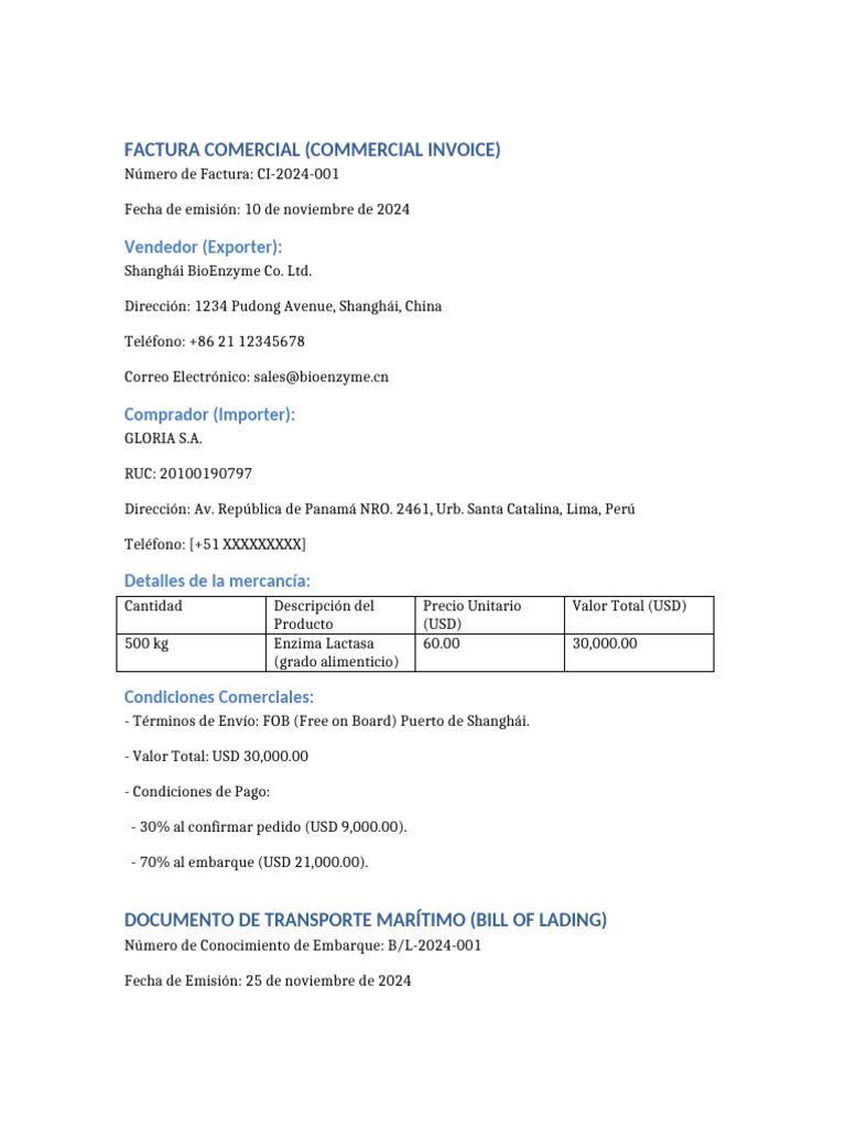 Factura Comercial: Enzima Lactasa | PDF