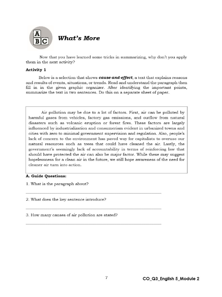 Activity Sheet in English 5 (Summarizing) | PDF