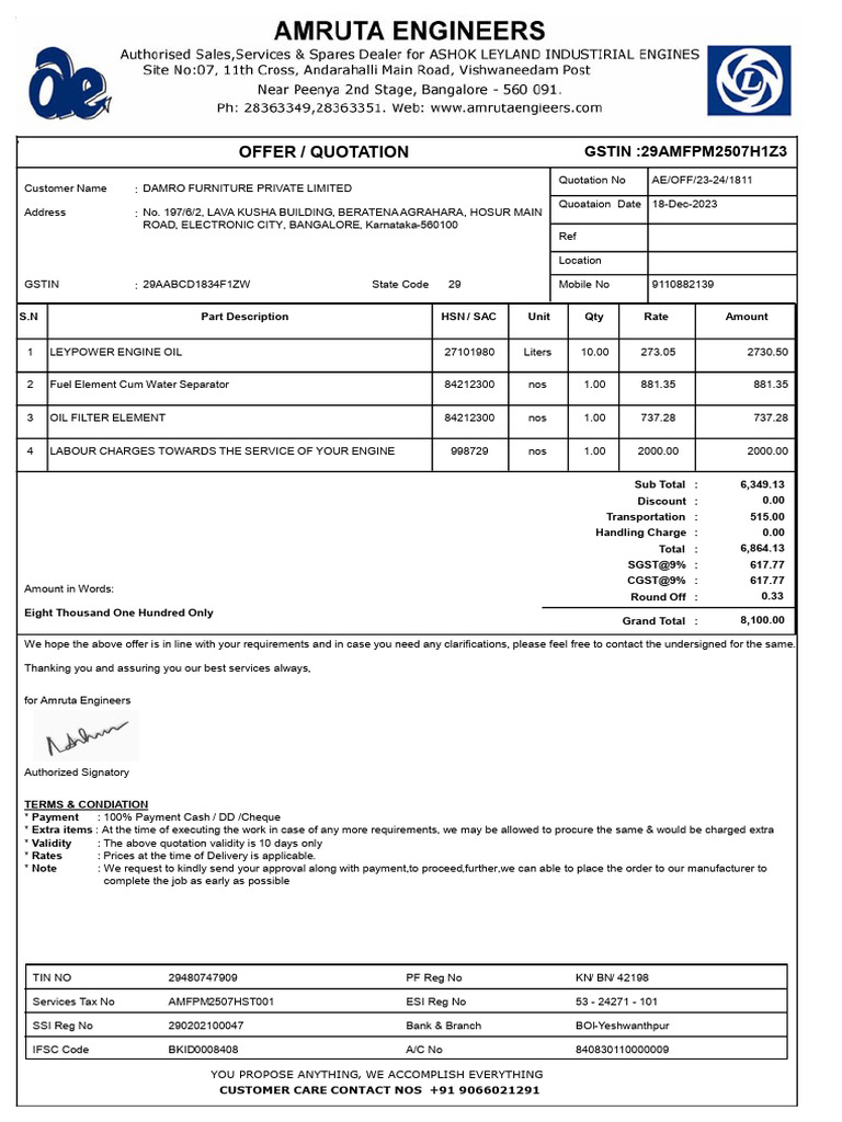 Damro Furniture Quotation Details | PDF | Payments