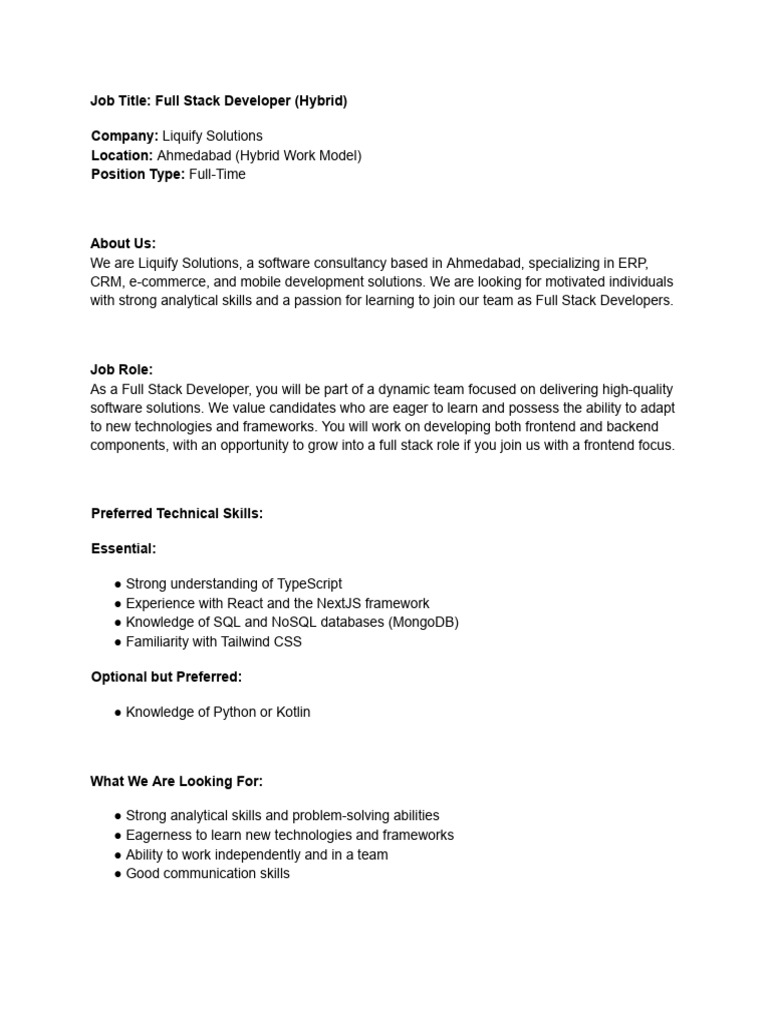 LiquifySolutions - Full Stack Hybrid - JD | PDF