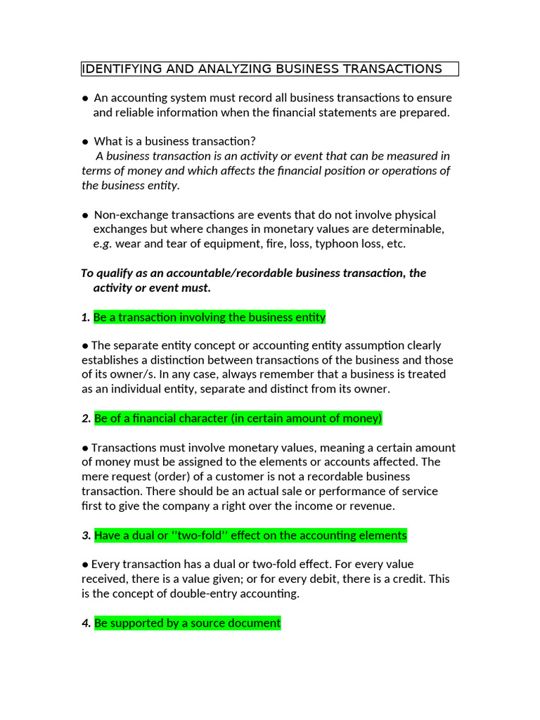 IDENTIFYING AND ANALYZING BUSINESS TRANSACTIONS | PDF | Expense ...