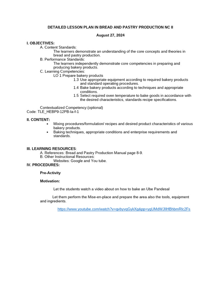 DETAILED LESSON PLAN IN BREAD AND PASTRY PRODUCTION NC I1 October 6 ...