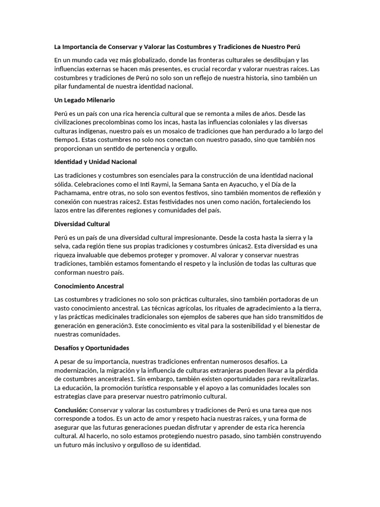 Valorar y Conservar Tradiciones Peruanas | PDF | Tradiciones | Perú