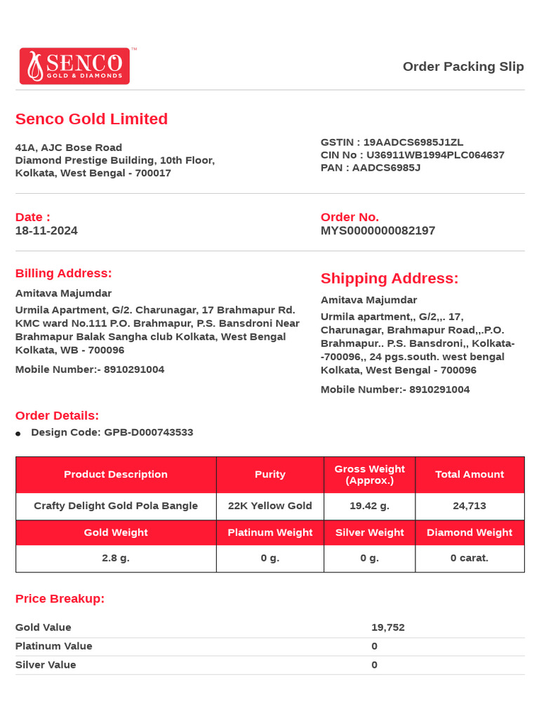 Senco Gold Order Packing Slip | PDF | Native Element Minerals