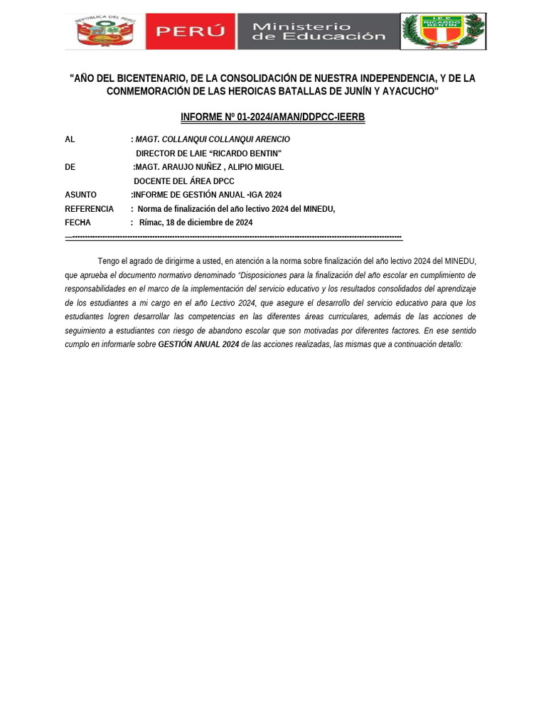 Informe de Gestión Anual 2024 DPCC | PDF | Evaluación | Aprendizaje