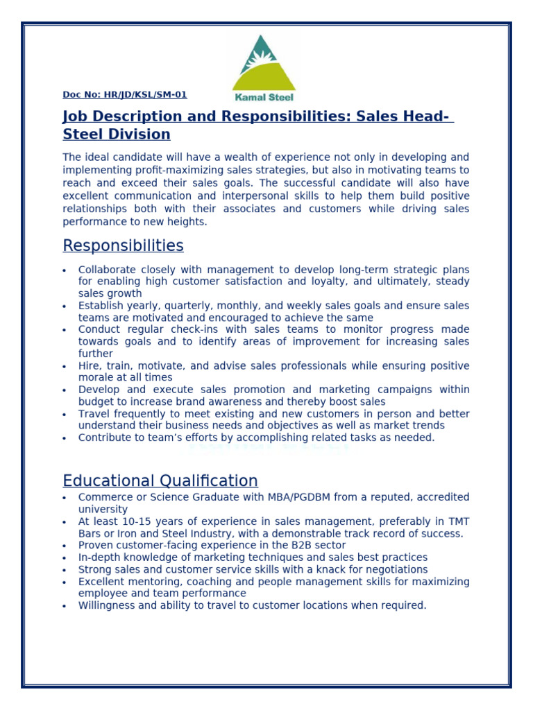 Sales Head Job Description - Steel Division | PDF