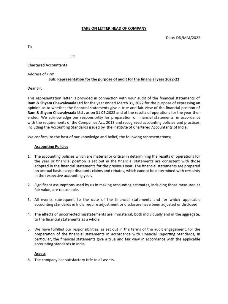 Management Representation Letter for Audit | PDF | Financial Statement ...