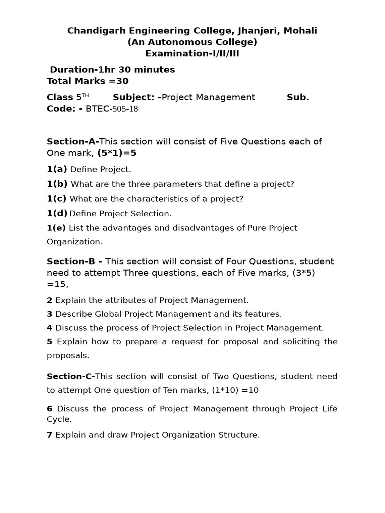 Project Management Exam Paper - CEC Jhanjeri | PDF