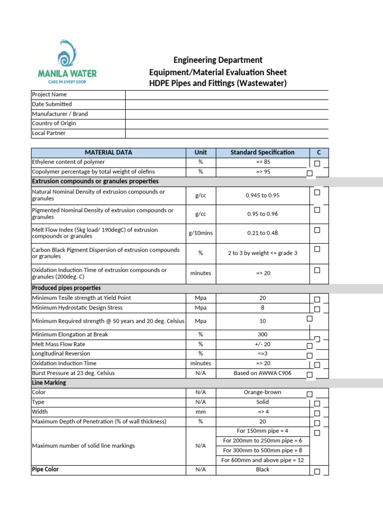 HDPE Manifold Specifications and Evaluation | PDF | Pipe (Fluid ...