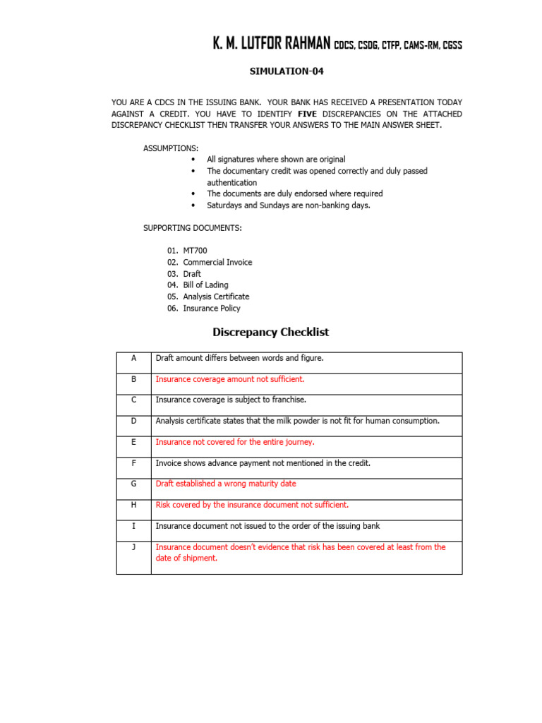 Discrepancy Checklist for Credit Presentation | PDF | Bill Of Lading ...