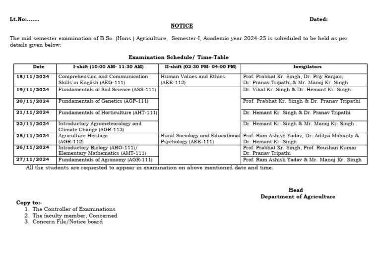 B.Sc. Agriculture Midterm Exam Schedule | PDF