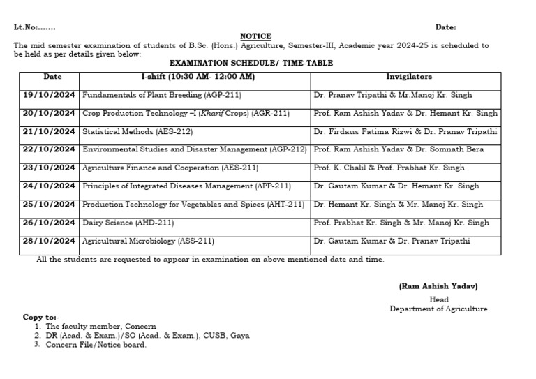 B.Sc. Agriculture Semester-III Exam Schedule 2024 | PDF