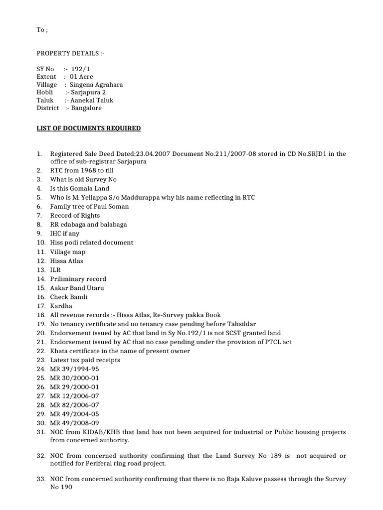 Bangalore Land Document Checklist | PDF
