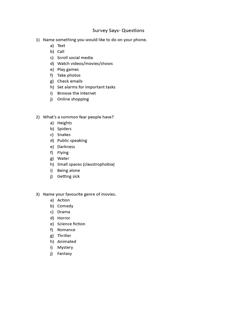Survey Says Possible Questions | PDF
