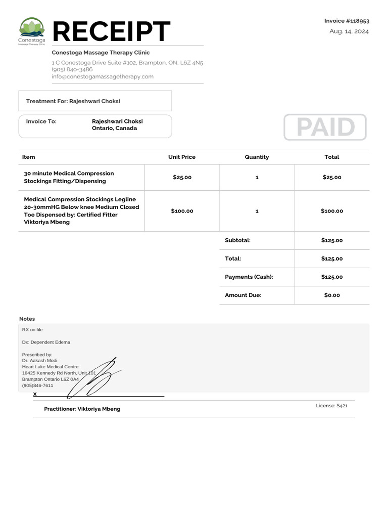 Conestoga Massage Therapy Receipt | PDF