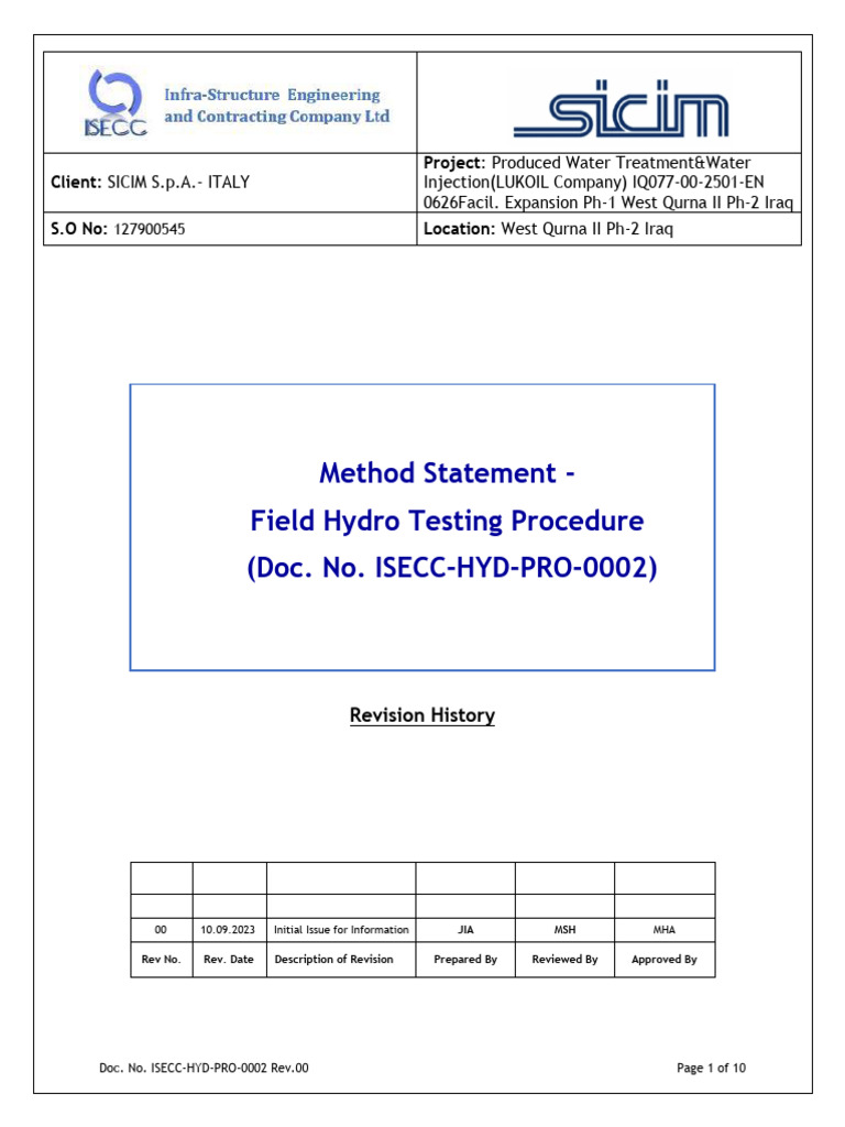 Field Hydrotesting Procedure High Pressure Lines Pdf Pipe Fluid