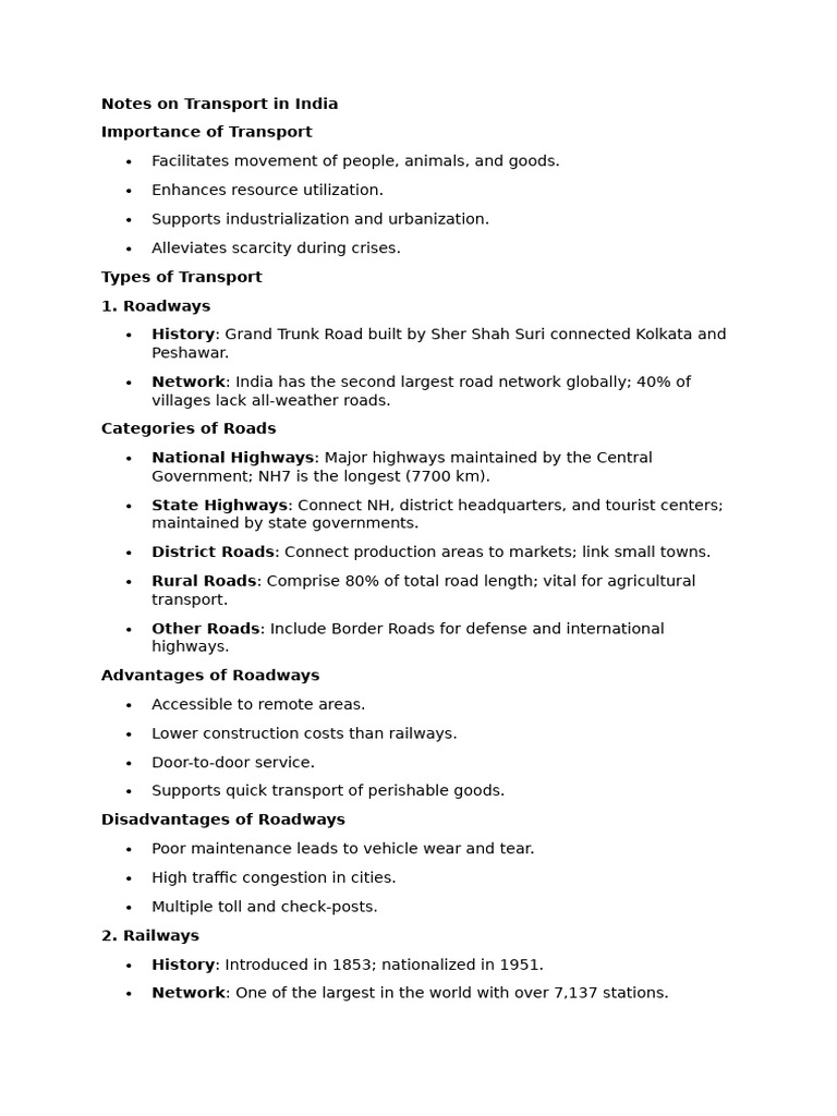 Notes On Transport in India | PDF | Transport | Port