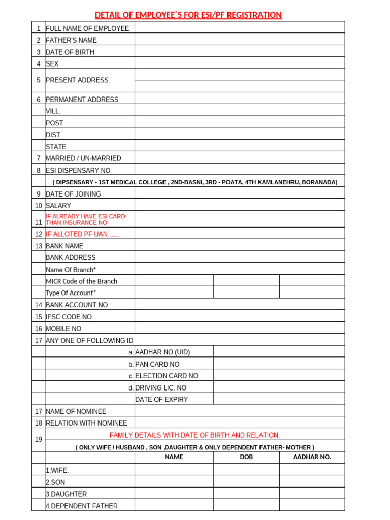 ESI Registration Details Template | PDF