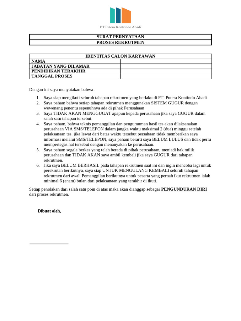 Surat Pernyataan Rekrutmen Karyawan | PDF